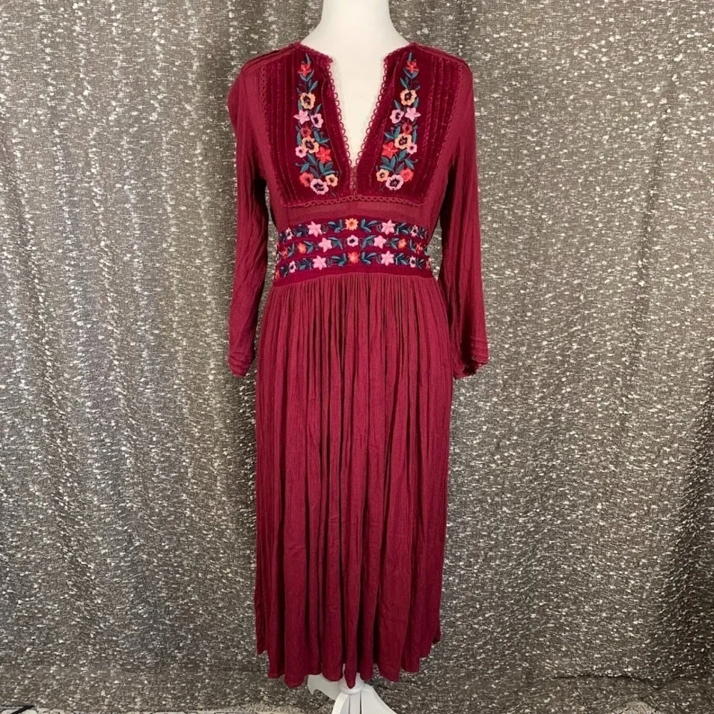 Free People Flora Midi Dress Embroidered Velvet Boho Cottagecore Women's Medium